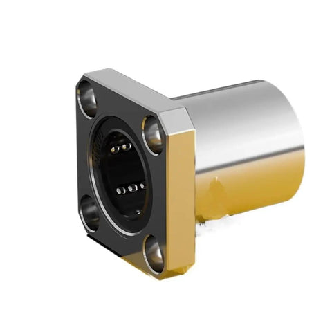 Premium Square Flange Linear Ball Bearing Machined From Hardened Bearing Steel angled view showing its smooth construction and holes for mounting.