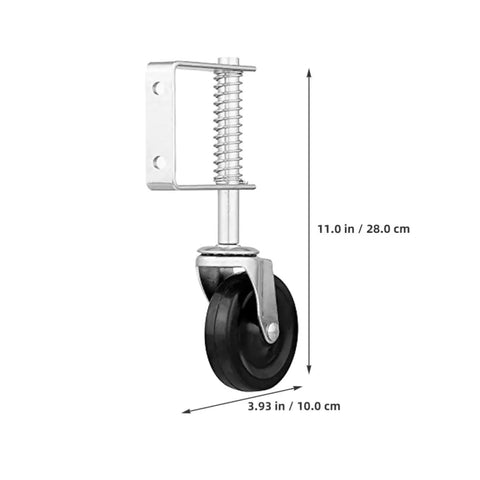 Heavy Duty Spring Loaded Gate Caster Wheels Roll Like Butter On Rough Yards With Beefy Four Inch Rubber Tires Universal Self Leveling Mount For Wooden Gates, spring-loaded caster wheel, 11 inches tall, black rubber tire, adjustable mount.