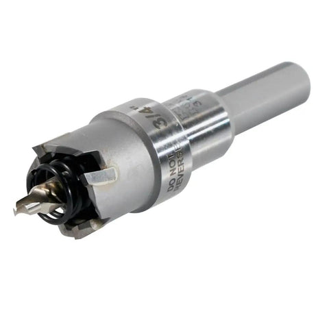 Heavy Duty 3 4 Inch Carbide Hole Cutter Rips Through Metal Sheets Like Hot Butter Cuts Crisp Holes In Stainless Steel Iron Copper Brass Up To 3 16 Thick Shop Grade Power Tool Bit close-up with split point pilot design.