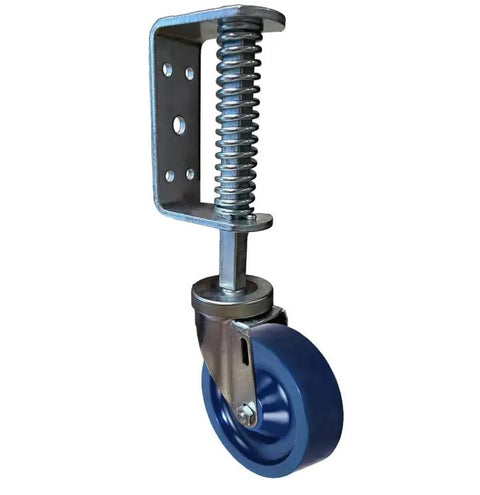 Heavy Duty Spring Loaded Gate Caster With 350 Lbs Capacity And 5 Inch Solid Poly Wheel For Wood Or Steel Gates, detailed view of wheel and spring mechanism.