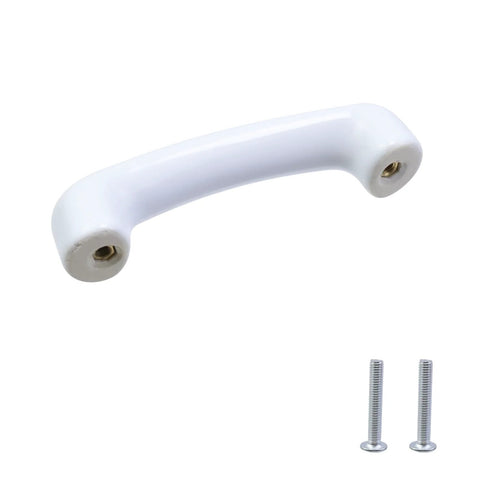 White Glossy Ceramic Cabinet Pulls Arch Shaped 4 Pack Dresser Knobs With 3.03 Inch Hole Centers and screws displayed on a white backdrop