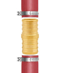 Brass Pex Crimp Fitting Kit Half Inch 28 Piece Set fitting connecting red PEX tubing in a plumbing setup