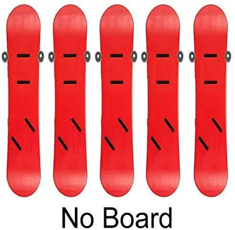 Heavy Duty Snowboard Wall Mount Display Hanger And Ski Storage Rack Featuring Invisible Floating Design holding five snowboard mounts in red.