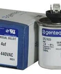 Rugged 4 Mfd Run Capacitor 370 Volt AC Replacement C304L 27L571 Compatible ClimaTek Genteq with two terminals and box