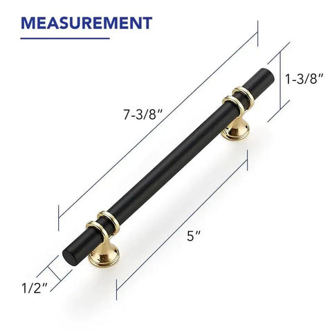 Matte Black And Gold Cabinet Pulls 5 Inch Center To Center 7 Inch Long Drawer Handles 10 Pack Premium Zinc Alloy Kitchen Hardware Dead Easy Top Shelf Modern Design measurements showing the size.