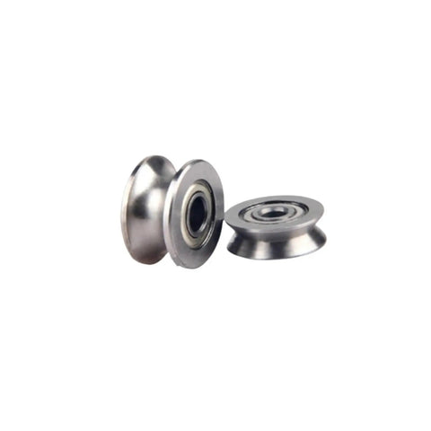 Ten Pack Of Super Smooth Deep Groove Mini Bearings For Wire Guide Tracks And Over Line Pulleys With V Groove Design, metal construction, showing two pulleys.