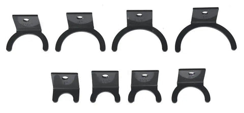 Set of black cable clamps for securing wiring, varying sizes for versatile electrical use, fits Pro Grade Cable Puller Tool.