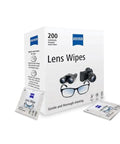 ZEISS Pre-Moistened Lens Cleaning Wipes box, 200 count, front view with two sachet packets
