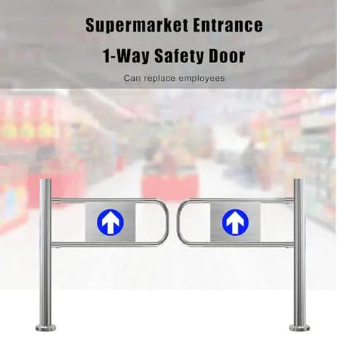 Heavy Duty One Way Swing Gate Spring Loaded Security Barrier For Retail Or Home Easy Install Crowd Control Access Door That Pops Back Quick For A Smooth Daily Flow at a supermarket entrance.