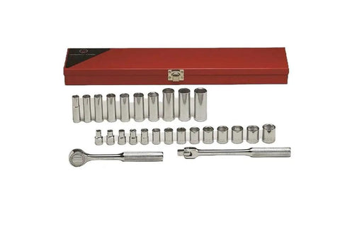 Three Eighth Inch Drive Socket Set, 27-Piece Metric 6-Point Standard and Deep Sockets, 6mm Through 19mm, showing sockets and ratchet