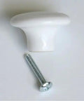 White ceramic drawer knob with silver screw for installation, part of Snag These Rad Old Red Tractor Ceramic Drawer Knobs For Kids Bedroom Decor Kick Up Your Rustic Farmhouse Cabinet Pull Handles With A Smooth Diy Room Refresh Single Piece.