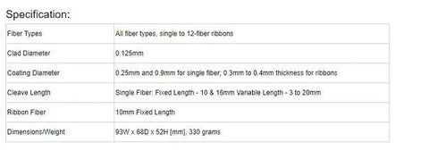 Specifications for Battle Tested Pro Grade Optical Fiber Cleaver Precision Cutting Rig, including dimensions and fiber types.