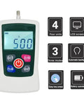 Top Shelf Digital Force Gauge With Slick Backlit Screen And Knockout Precision For Beefy Push Pull Testing Up To Five Hundred Newtons Or One Hundred Ten Pounds Max Capacity, showing LCD display and controls.