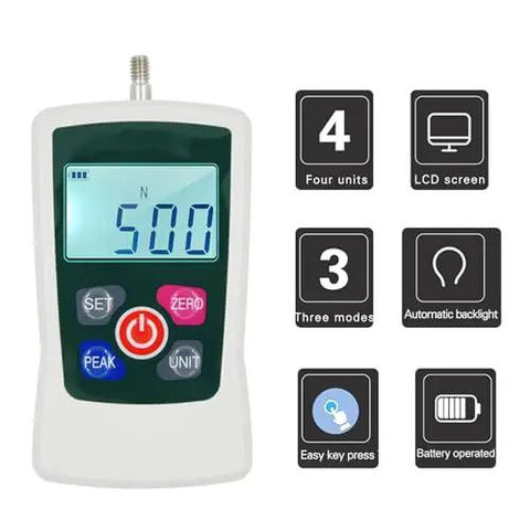 Top Shelf Digital Force Gauge With Slick Backlit Screen And Knockout Precision For Beefy Push Pull Testing Up To Five Hundred Newtons Or One Hundred Ten Pounds Max Capacity, showing LCD display and controls.