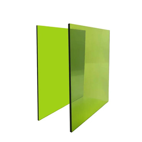 Heavy Duty Laser Safety Window Panel For Fiber Cutting And Engraving Built Tough At Twelve By Twelve Inches With Crystal Clear Viewport, green panel viewed from side.