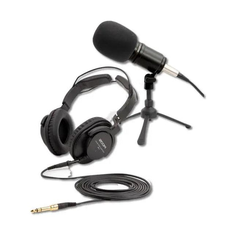 The Ultimate Two Host Podcast Stack Featuring Multitrack Recorder And Dynamic Mics Paired With Headphones and Tripod Stand