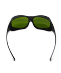 Top Tier Infrared Laser Safety Glasses Loaded With Multi Band Optical Density Shields And Slick Clear Lenses Crafted Hella Tough For Nd Yag Diode And Garage Laser Builds, black frame with green lenses.