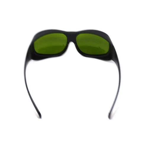 Top Tier Infrared Laser Safety Glasses Loaded With Multi Band Optical Density Shields And Slick Clear Lenses Crafted Hella Tough For Nd Yag Diode And Garage Laser Builds, black frame with green lenses.
