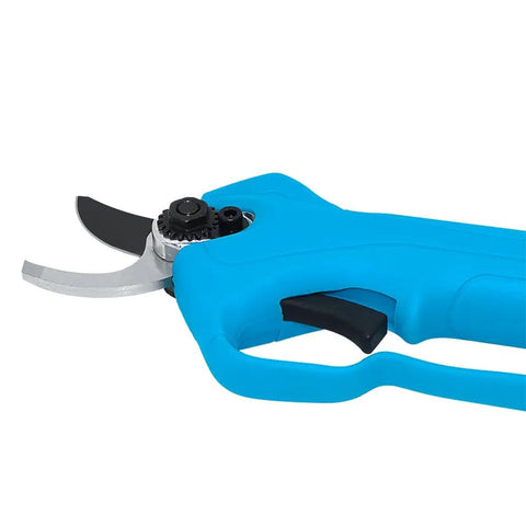 Top Notch Long Reach Cordless Pruner With Sixty Four Inch Pole And Smooth Operator Slicing Power close-up of blue handle and sharp blades.