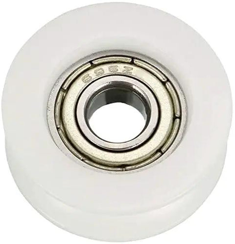 4 Pack Rock Solid Metal V Groove Bearing Pulley Wheel 6Mm Id 22Mm Od 8Mm Thick Zero Drag Guide Roller For Linear Rail 3D Printer And Custom Workshop Projects close-up view of a single bearing wheel with steel core and nylon shell.