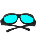 Top Shelf Red Laser Safety Glasses Delivering Straight Up Heavy Duty OD4 Plus Eye Shield Spannin 620 To 700 Nm While Keepin Ya Secure From 635 650 And 694 Nm Beams In Any Setup, showcasing a front view with black frame and blue lenses.