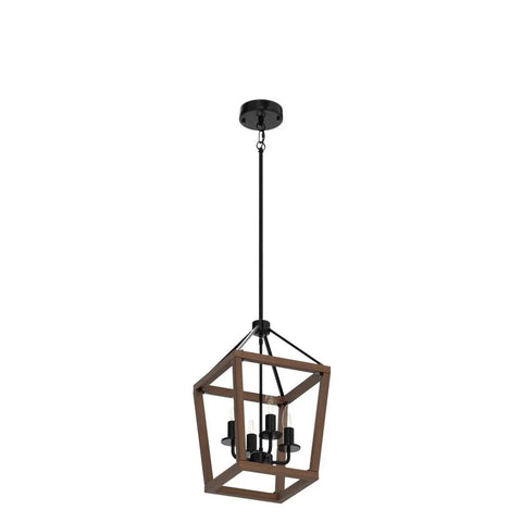Rustic Farmhouse 4 Light Pendant Chandelier With Imitation Oak Wood Grain, Vintage Iron Lantern Design suspended from ceiling
