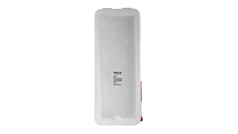 White 5 Pack Surface Mounted Fire Extinguisher Cabinet With Hammer Attachment And Weatherproof Cover top view with transparent lid and red handle.