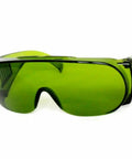 Legit Wide Spectrum Laser Safety Glasses With Kickbutt Level Eight Eye Protection And Premium Polycarbonate Shielding, green tinted, side view.