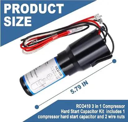 Heavy Duty Three In One Compressor Hard Start Capacitor Kit Featuring Built In Relay And Thermal Overload Protector 5.79 inches long.