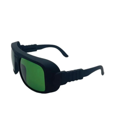 High Performance Laser Safety Shades Serving Real Badass Eye Shielding For 980Nm 1064Nm 1320Nm Nd Yag Equipment Built Like A Tank For Tough Daily Grind Scenarios in black with green lenses.
