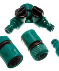 Hassle Free Three Piece Garden Hose Connector Kit Featuring Two Slick Quick Swap Couplers One Dependable Shut Off Valve And A Versatile Adapter Sized Perfectly For Half Inch Bore Piping In Bright Green.