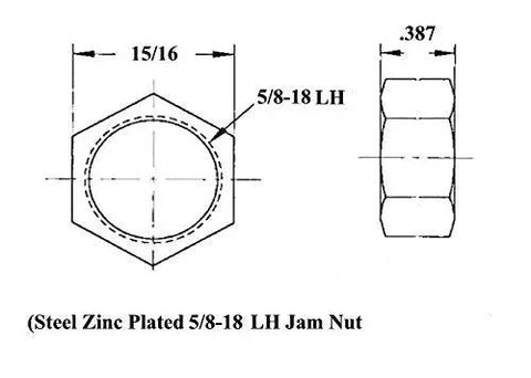 Steel Zinc Plated 5/8-18 LH Jam Nut dimensions 15/16 inch width and 0.387 inch height for secure fastening.