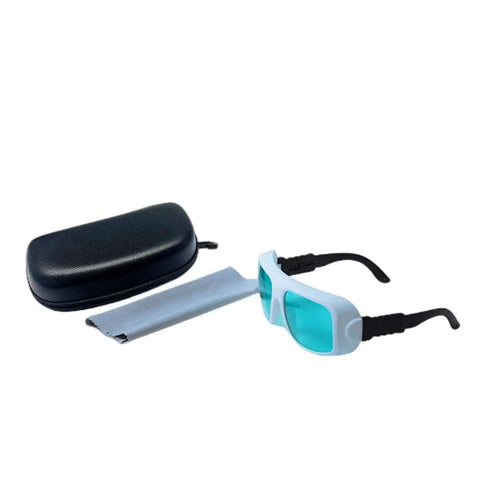 Top Tier Badass Laser Safety Glasses Featuring Heavy Duty OD4 Plus Filter And Crystal Clear Lenses, includes case and cleaning cloth.