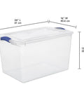 Six Pack Of 66 Quart Clear Plastic Storage Containers With Sleek Blue Latching Lids Designed For Heavy Duty Stackable Organization And Hassle Free Clutter Control In Your Living Room Or Home Office, 24x16x13.8in container with blue lid.