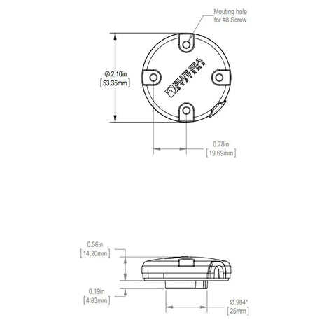 1007 Side Entry CableClam Waterproof Marine Cable Clamp For Side Mount Install White With Stainless Steel Fasteners, Low Profile Contoured Edge Reduces Tangling And Makes Cable Entry A Breeze. round white marine cable clamp, top and side view with 53.35 mm size