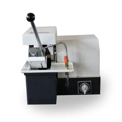 Professional Steel Pipe Cutter And Metallographic Sectioning Machine For Laboratory Precision Cutting Of Hard Alloy Bars And Round Tube Stocks, front view with lever and controls.