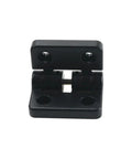 Front view of black positioning torque hinge with pivot pin and mounting holes, 1 pc