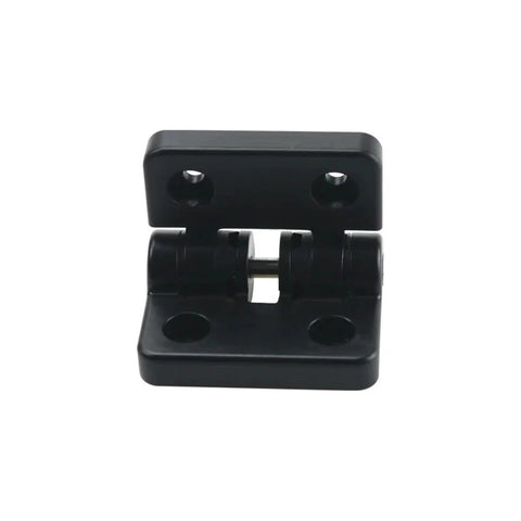 Front view of black positioning torque hinge with dual base plates and central pivot pin
