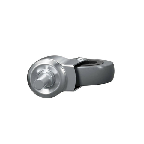 Heavy Duty 3 Inch Replacement Swivel Caster Wheels 6 Pack Low Profile Chrome Finish Steel Axle 150 Lbs Load Capacity On Carts Furniture And Tool Stands Sweet Deal Smooth Action Rock Solid Build, close-up of steel axle and gray TPE wheel.