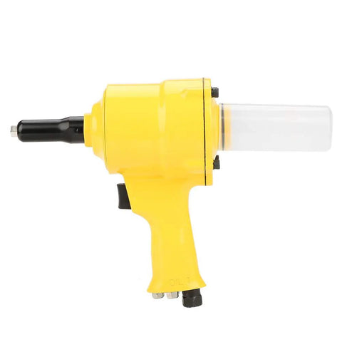 Built Like A Tank Pneumatic Rivet Gun Featuring An Easy Grip Design And Rapid Air Powered Drive For Auto Repair And Metal Fabrication 2 Point 4 To 4 Point 8 mm Fasteners In Bright Yellow, side view showing grip and nozzle.