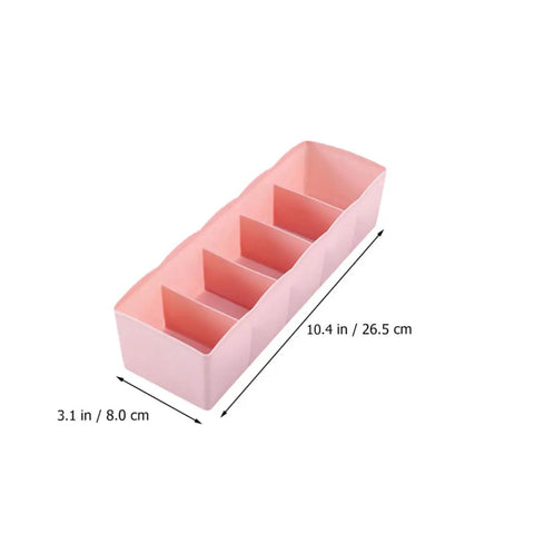 Six Piece Pink Plastic Underwear Drawer Organizer Set Smooth Dresser Storage Dividers measures 10.4x3.1 inches for drawer organization.