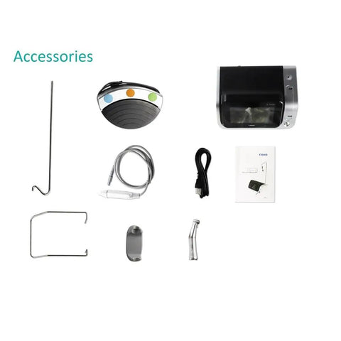 Sick Dental Implant Motor Rotary Handpiece Kit accessories including foot pedal, cables, manual, and tools on a white background.