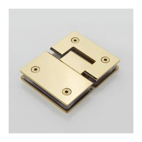 High Octane Glass Door Hinges With Fire Gold Finish Beefy 304 Stainless Steel Construction smooth cabinet hinge from above view.