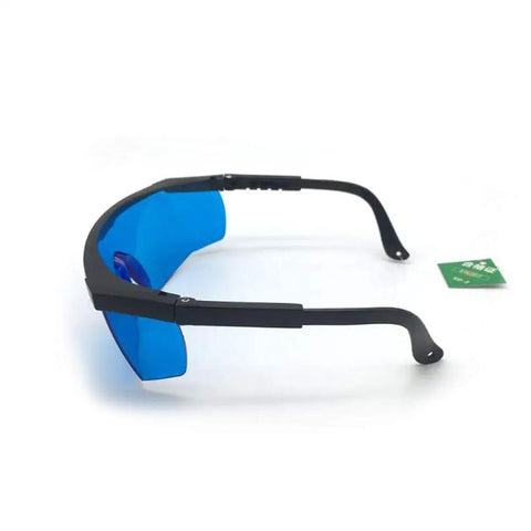 Premium He Ne Laser Safety Glasses 632.8Nm Hella Clear Lenses side view with blue lenses and black frames for laser protection.