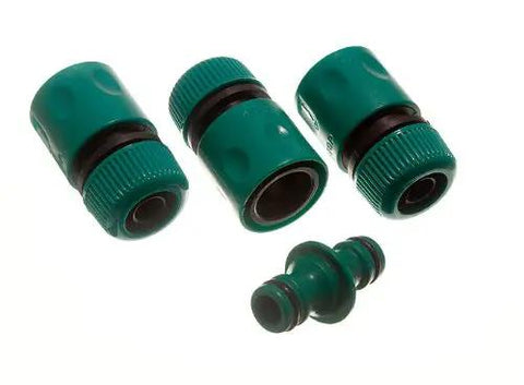Set Of Three Quick Snap Garden Hose Connectors Including One Male To Male Joiner Adapter For 12 Millimeter Tubing No Sweat Universal Fit Vibrant Green Plastic Easy Peasy Wrench Free Breezy Connection, showing green plastic hose fittings.
