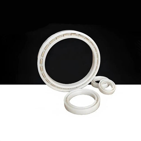 6810CE Zirconia Full Ceramic Thin Walled Bearings 50mm by 65mm by 7mm displayed with multiple ceramic rings on a black background.