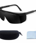 Legit Heavy Duty IPL Laser Safety Glasses With Solid Eye Protection And Broad Spectrum Shielding Against Ultraviolet Blue Light And Infrared Beams For Laser Hair Removal Treatment, with carrying case and cleaning cloth.