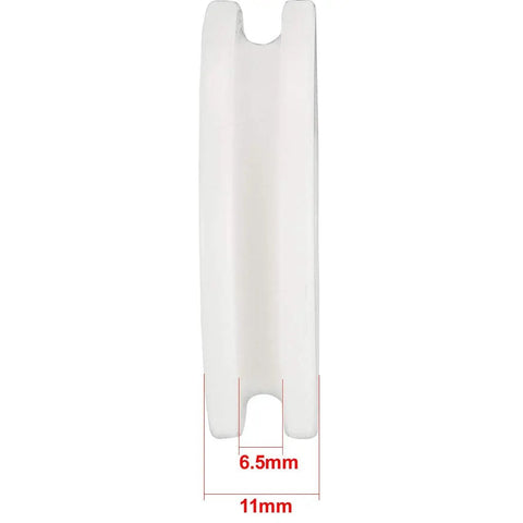 High Octane V Groove Linear Guide Bearing Pulley Built Tough With Steel And Nylon Slick Smooth Roll For Timing Belts 8MM Bore 34MM OD 11MM Thick side view of nylon pulley measuring 11mm thick.