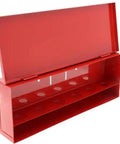 Open view of the Rock Solid Red Fire Sprinkler Head Storage Cabinet With Six Secure Compartments Wall Mounted Rack.