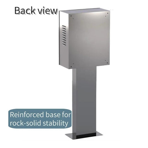 Back view of Rock Solid Steel EV Charger Pedestal Box with keyed lock and weatherproof lid for outdoor use.